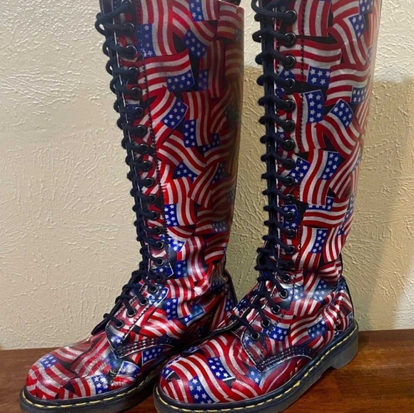 Dr. Martens Shoes - Dr. Martens Knee-High Lace-Up Boots in Red, White & Blue Flag Print